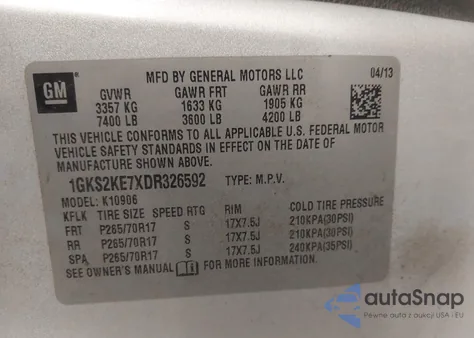 2013 GMC Yukon Xl 1500 Slt from USA, damaged, VIN 1GKS2KE7XDR326592